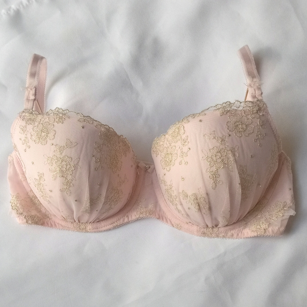 Victoria's Secret VS Fashion Show Pink Lace Gold Crystal Bling Bra Dream Angels